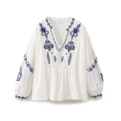 UNIZERA2024 Summer New Women's Fashion Versatile Loose and Slim V-neck Beaded Embroidered Long sleeved Shirt