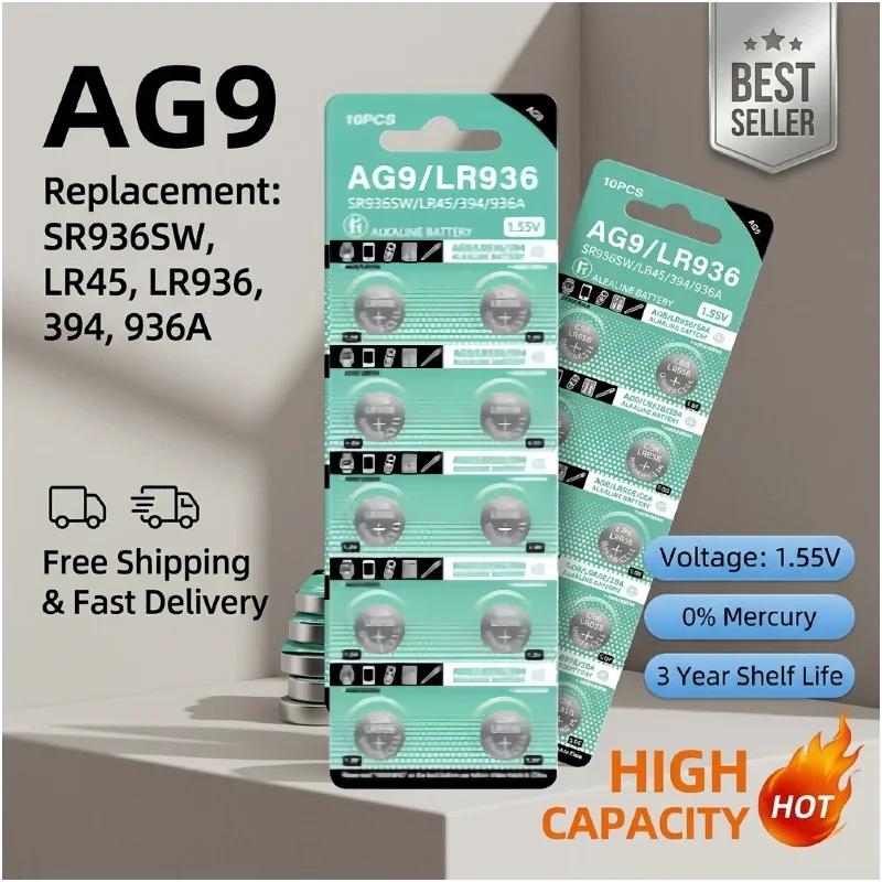 

2-10PCS AG9 1.5V Alkaline Button Battery LR936 SR936SW 394 394A L936F Coin Cell for Calculator Toy Watch