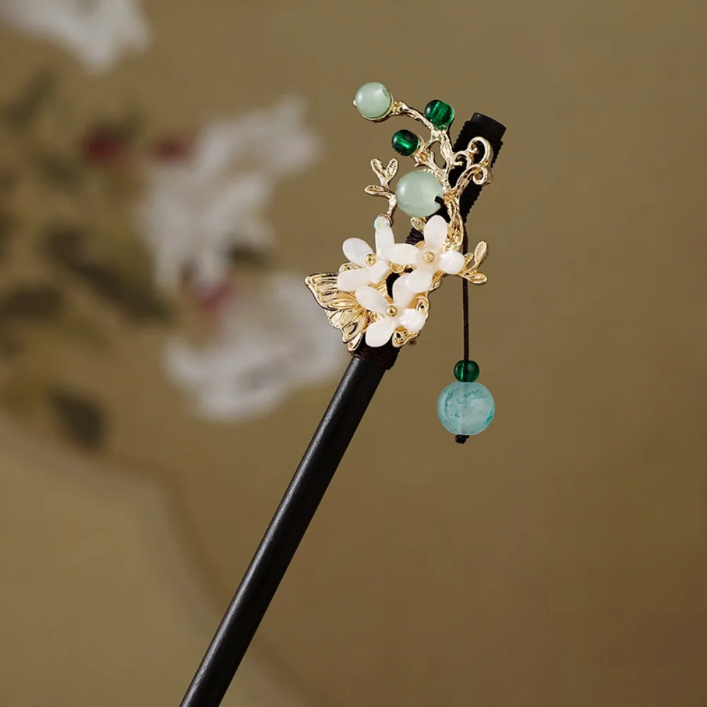 Decorative Chinese Style Flower Hair Sticks Handmade with Tassel Wooden Hairpin Hair Fork Retro Party Hair Bun for Hanfu