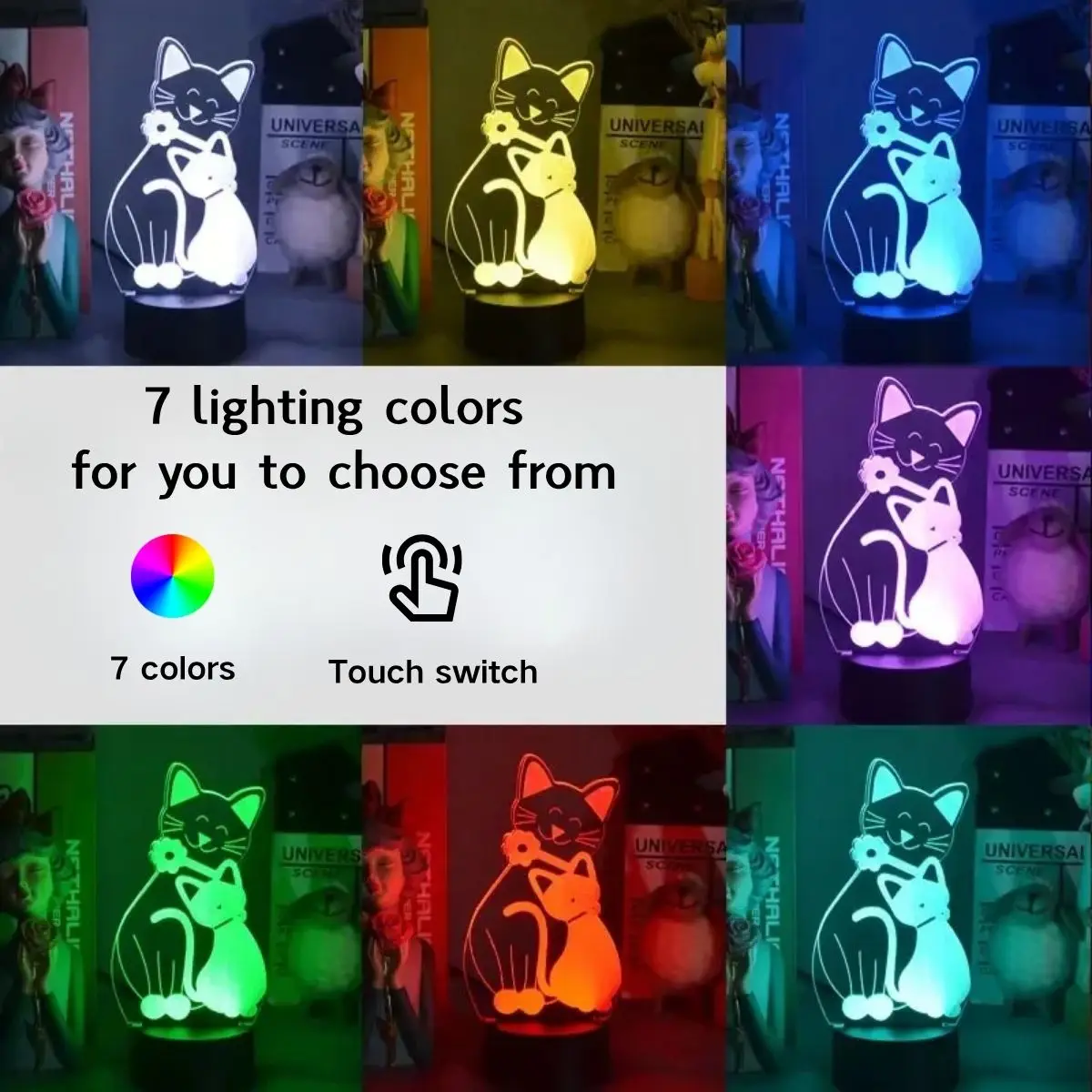 USB cat 3D night light with 7-color touch mode, color changing atmosphere, night light, bedroom decoration, gift table light