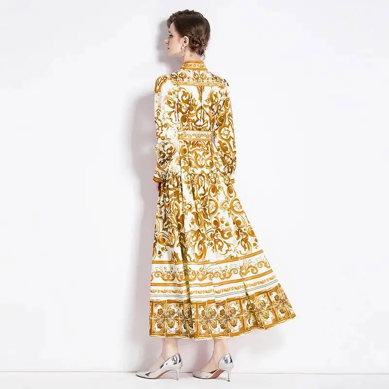 Autumn Holiday Print Yellow Floral Maxi Dress Women\'s Single Breasted Loose Lace Belt Red Blue White Porcelain Long Robe Vestido