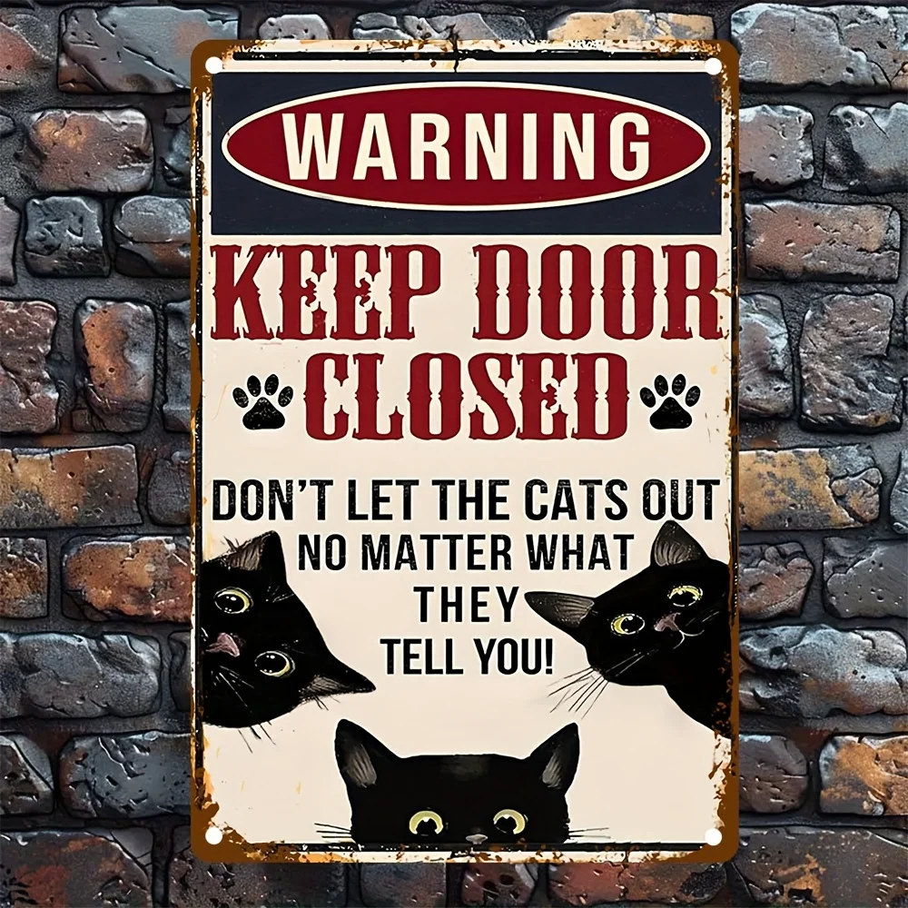 Caution: Keep Door Shut Funny Black Cat Metal Sign, Rectangular Wall Decor for Home Restaurant Bar Cafe