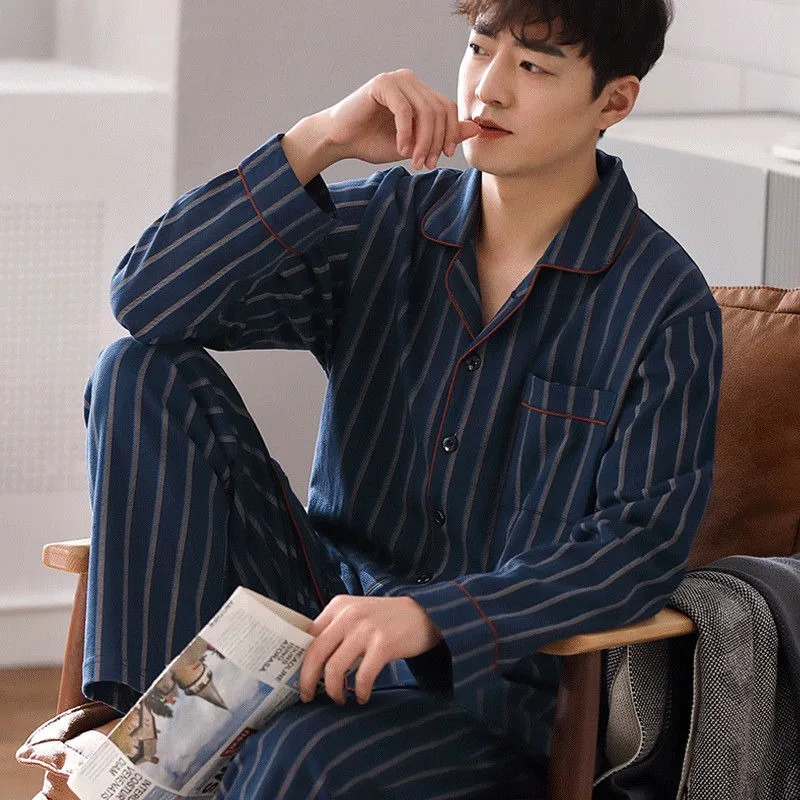 

Latest Men Spring Autumn Pajamas Cotton Long Sleeve Pyjamas Middle Aged Elderly Large Size Nightdress Lapel Print Home Wear Set