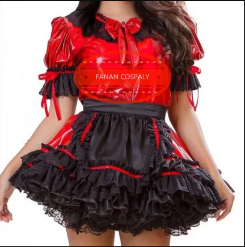 

French Adult Giant Baby Sexy Girl Red PVC Black Satin Lace Edge Sissy Role Play Makeup Ball Maid Customizable Lockable