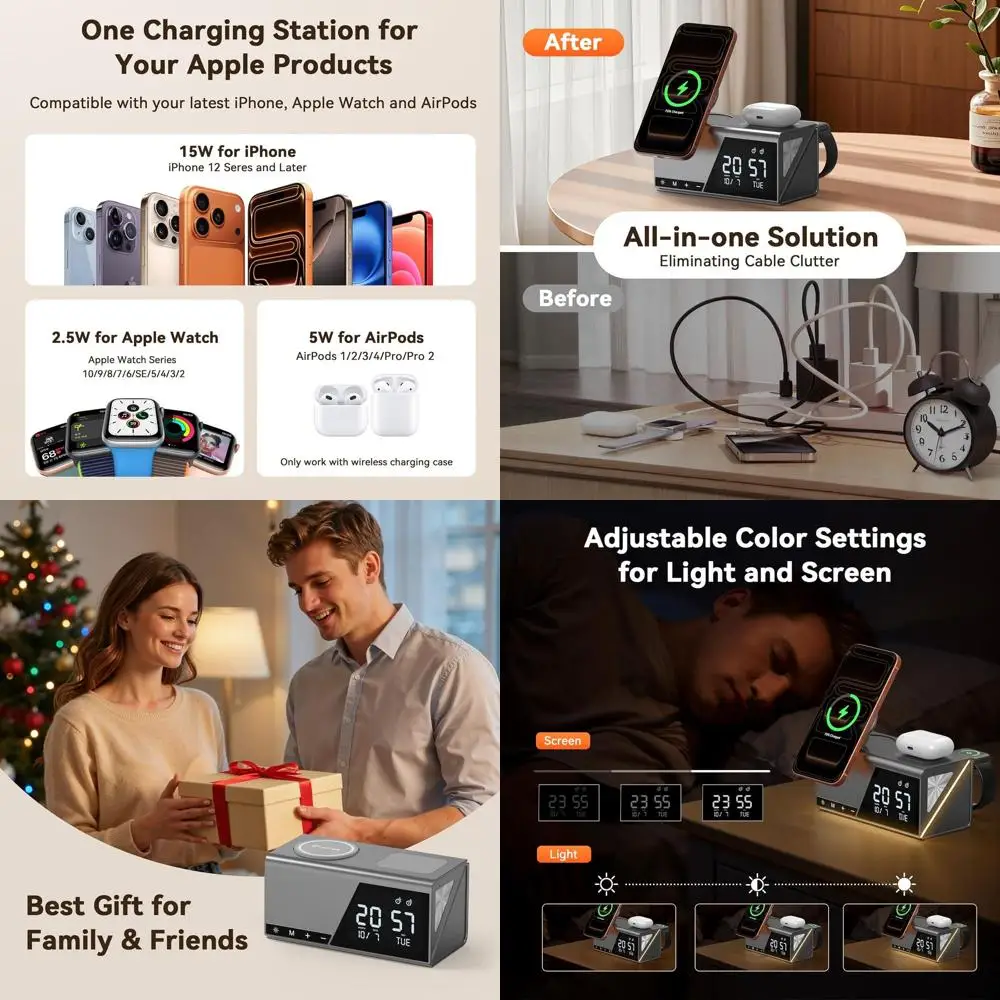 محطة شحن لاسلكية عالمية مع 6 وظائف: ساعة منبه، ضوء ليلي، منضدة، شاحن MagSafe، شحن سريع لـ i #1