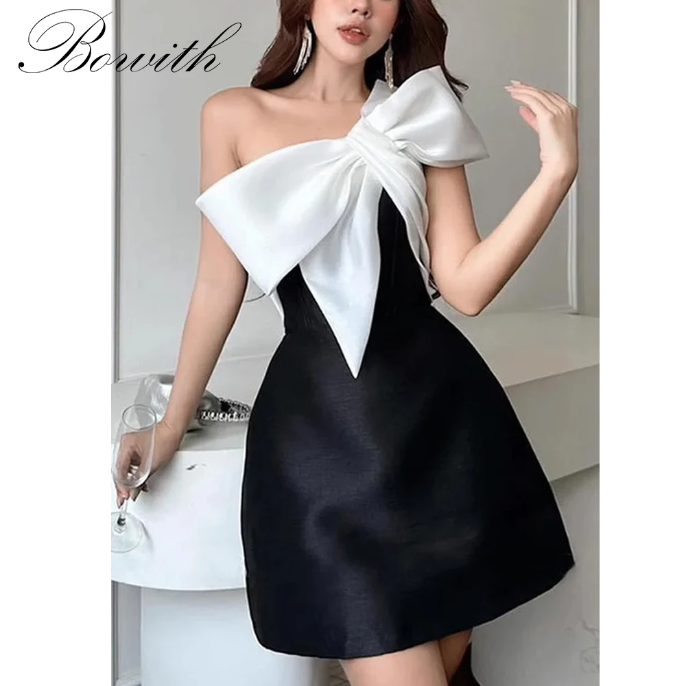 

Bowith Mini Prom Party Dresses Strapless Bow Short Evening Dresses Customized Black and White Dress for Special Occasion