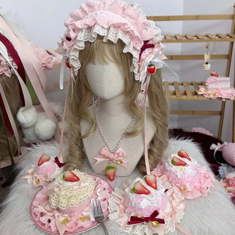 

Клубничный торт, шляпа, повязка на голову в стиле Лолиты, ожерелье с ручным рукавом, домашний элемент, аксессуары на день рождения, кружевной милый милый костюм