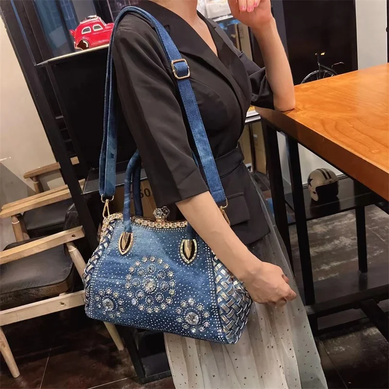 Large Capacity Bag Handheld 2023 New Fashion Commuter Denim Inlaid Diamond Bag Versatile One Shoulder Crossbody Women\'s Bag