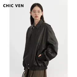 CHIC VEN Women PU Jacket Solid Faux Leather Loose Pleated Texture PU Female Coat Woman Clothing Spring Autumn 2024