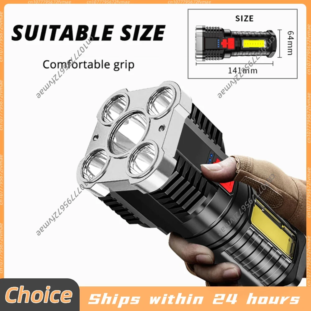 USB Rechargeable LED+COB Flashlight Camping Hiking Power Display Spotlight 4 Gears High Brightness Lamp Outdoor Tool