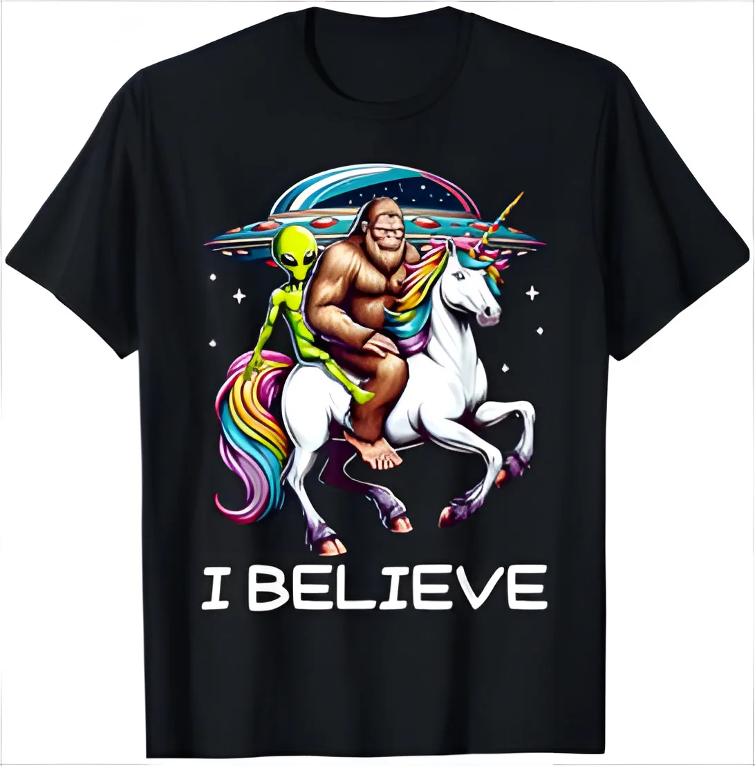 

I Believe Funny Bigfoot Alien Riding Unicorn UFO Believer T-Shirt