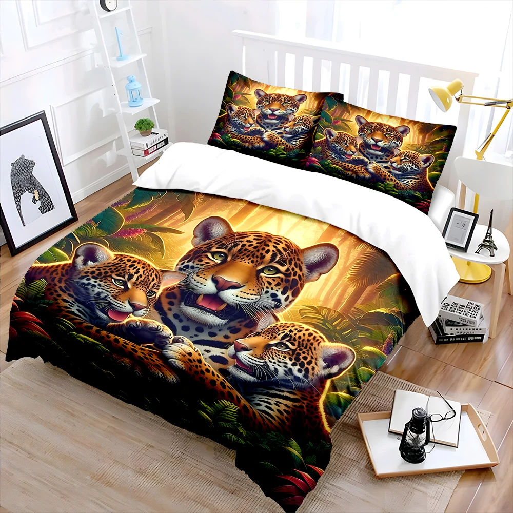 Jaguar family in the forest Print Soft Comfortable Duvet Cover Bedding Set Included 1*Duvet Cover  2*Pillowcases Luxury gifts