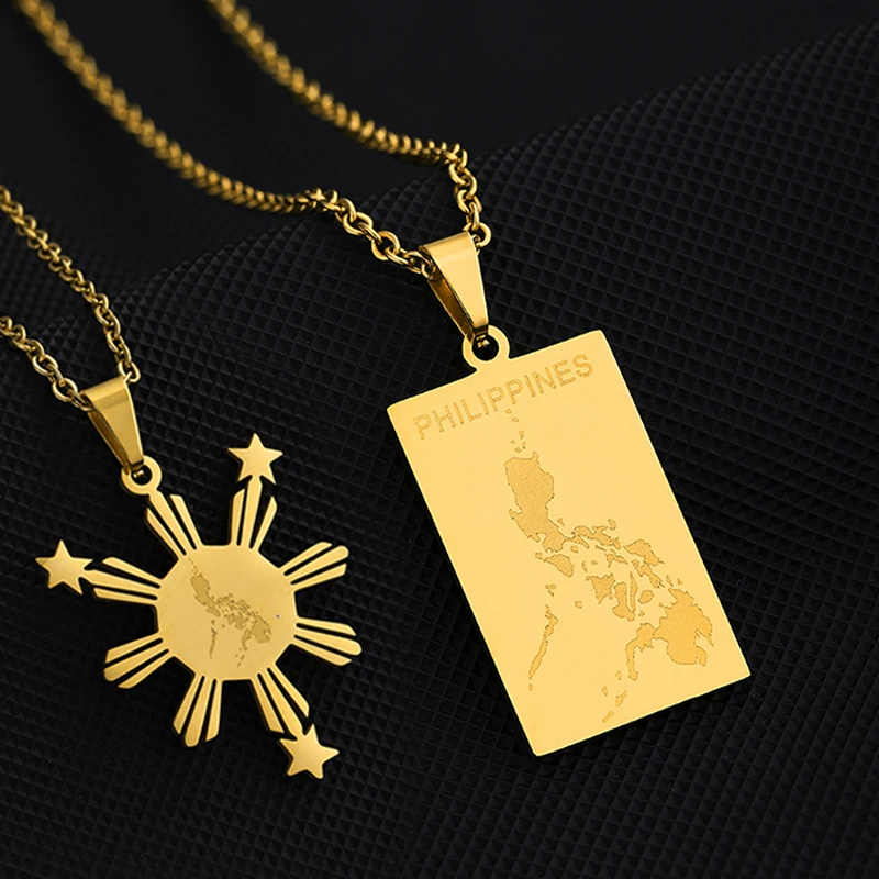 Stainless Steel Philippines Map Flag Pendant Necklaces Gold/Steel Color Filipino Country Maps Men Women Ethnic Jewelry Gift