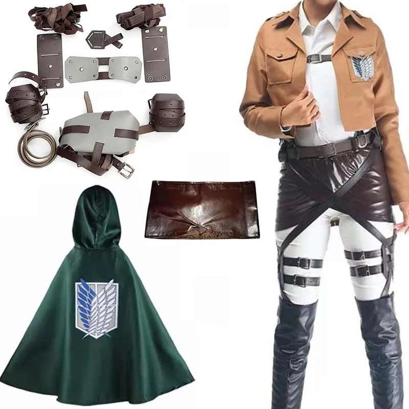 Costume de cosplay Shingeki No Kyojin, uniforme de l'Élite de Recherche, cape, ceinture, lance-pierre, Levi, Mikasa, Eren Jaeger, ensemble complet