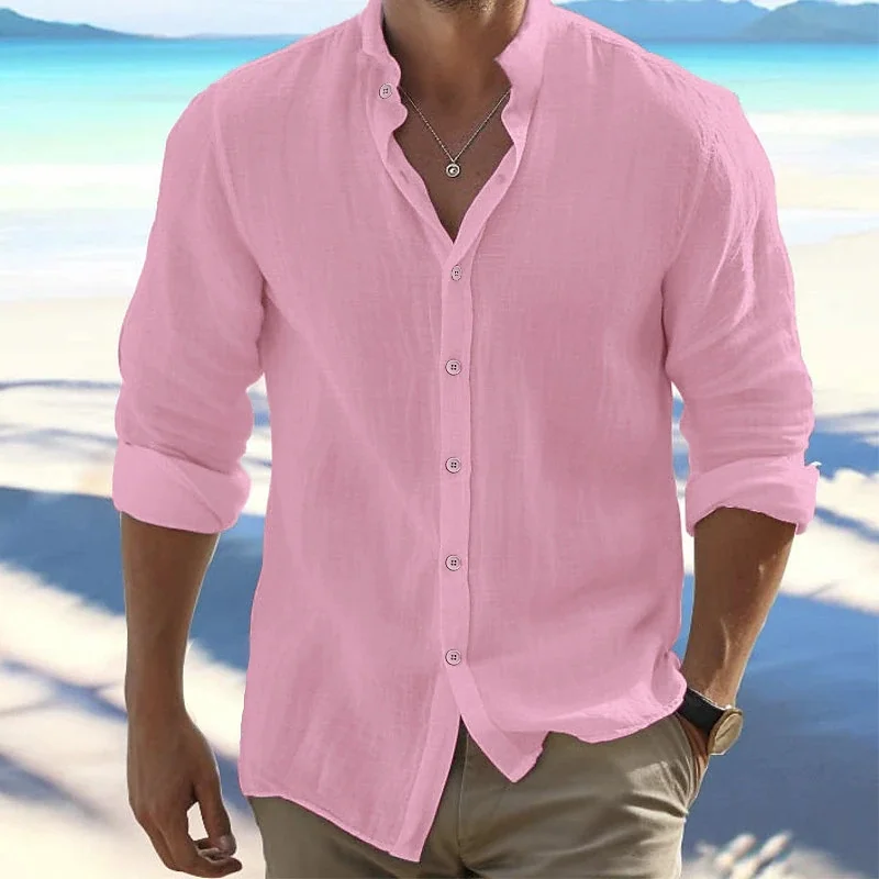 Camisa de lino de alta calidad para hombre, camisa ligera y transpirable con botones, de algodón y lino, Color sólido, 100%, 2024