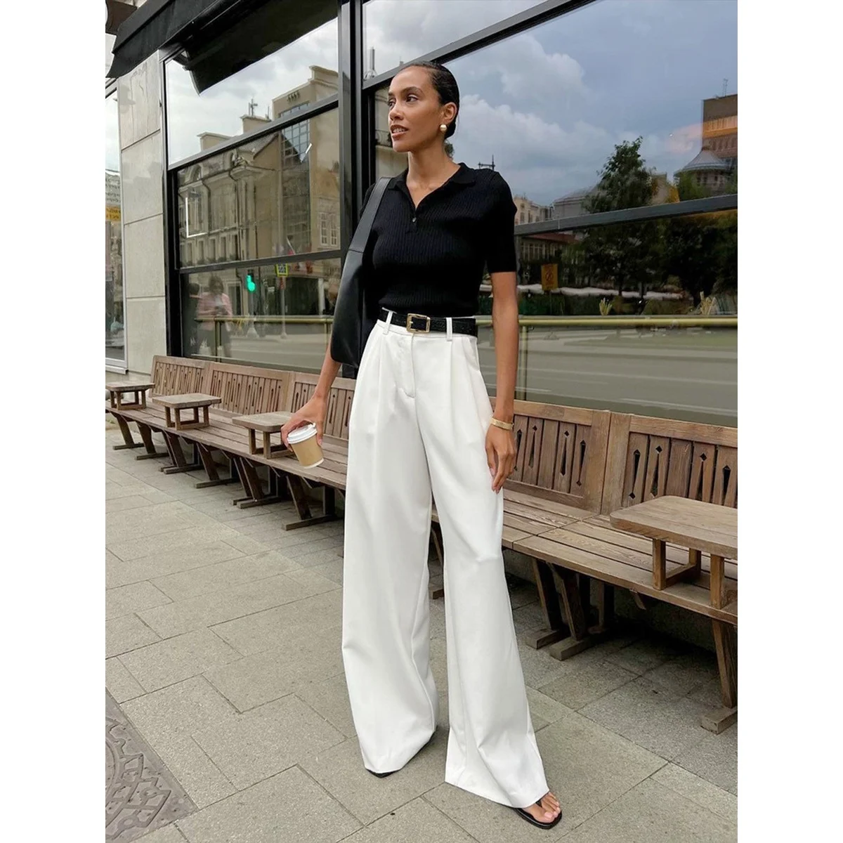 

Элегантные женские брюки с высокой талией и широкими штанинами, чисто белые, для весны и лета, новый стиль, удобные для повседневной носки, из полиэфирного волокна
