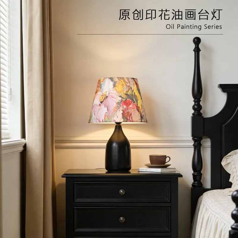 Vintage Oil Painting Floral Fabric Table Lamps Matte Black Ceramic Led Home Retro French Bedside Night Light Bedroom Living Room