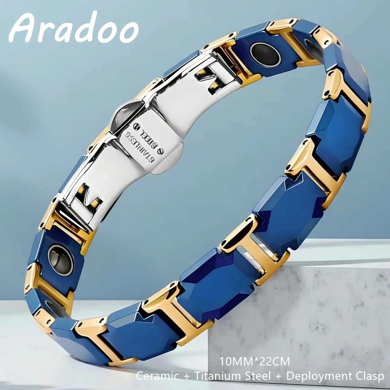 ARADOO Keramik-Armbänder aus Titanstahl mit Hämatit-Magnetkraft-Armband für Damen und Herren, verträumter blauer Schmuck, Geschenk