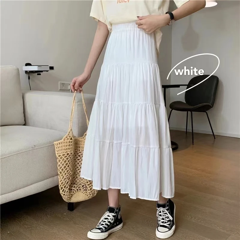 Spring Summer Women Skirts Vintage High Waist Elastic Patchwork White Black Chic Long Cake A-line Skirt