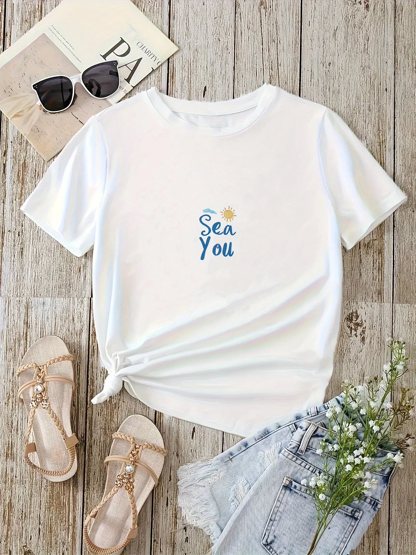 

White with Design & Yellow Stars Lightweight Breathable Spring Ladies T Shirts Women's Casual Graphic T-Shirt Sleeve Crew Neck