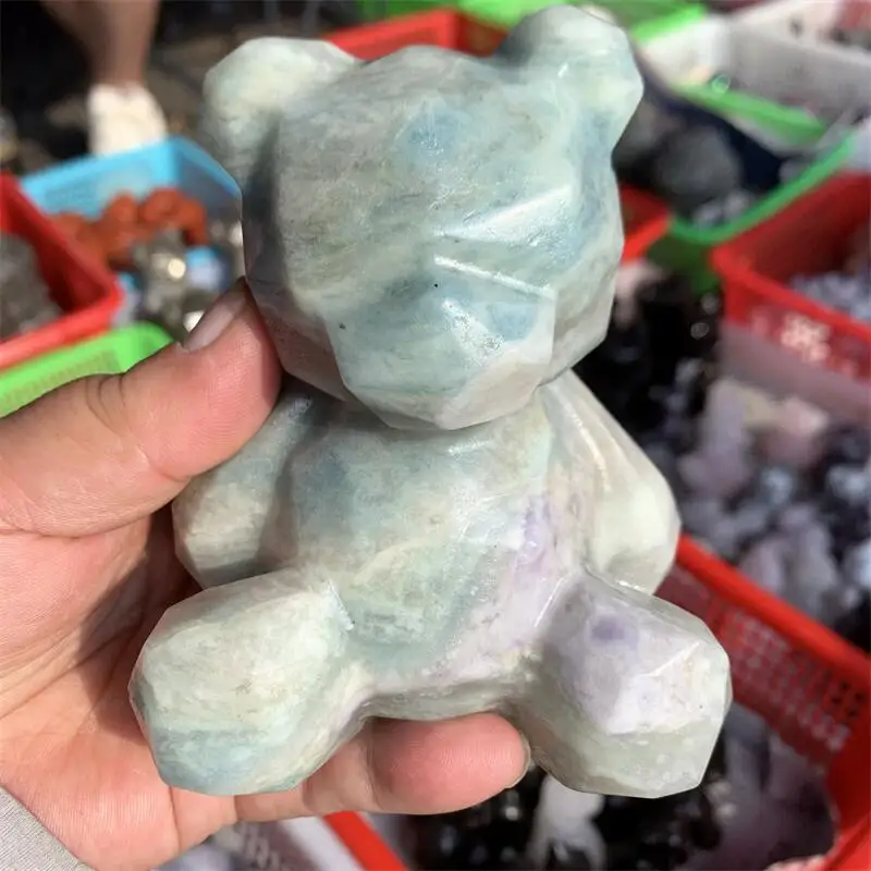 

Natural Blue And White Quartz Cartoon Bear Carving Crystal Healing Stone Creative Holiday Gifts For Kids Home Decor 1pcs