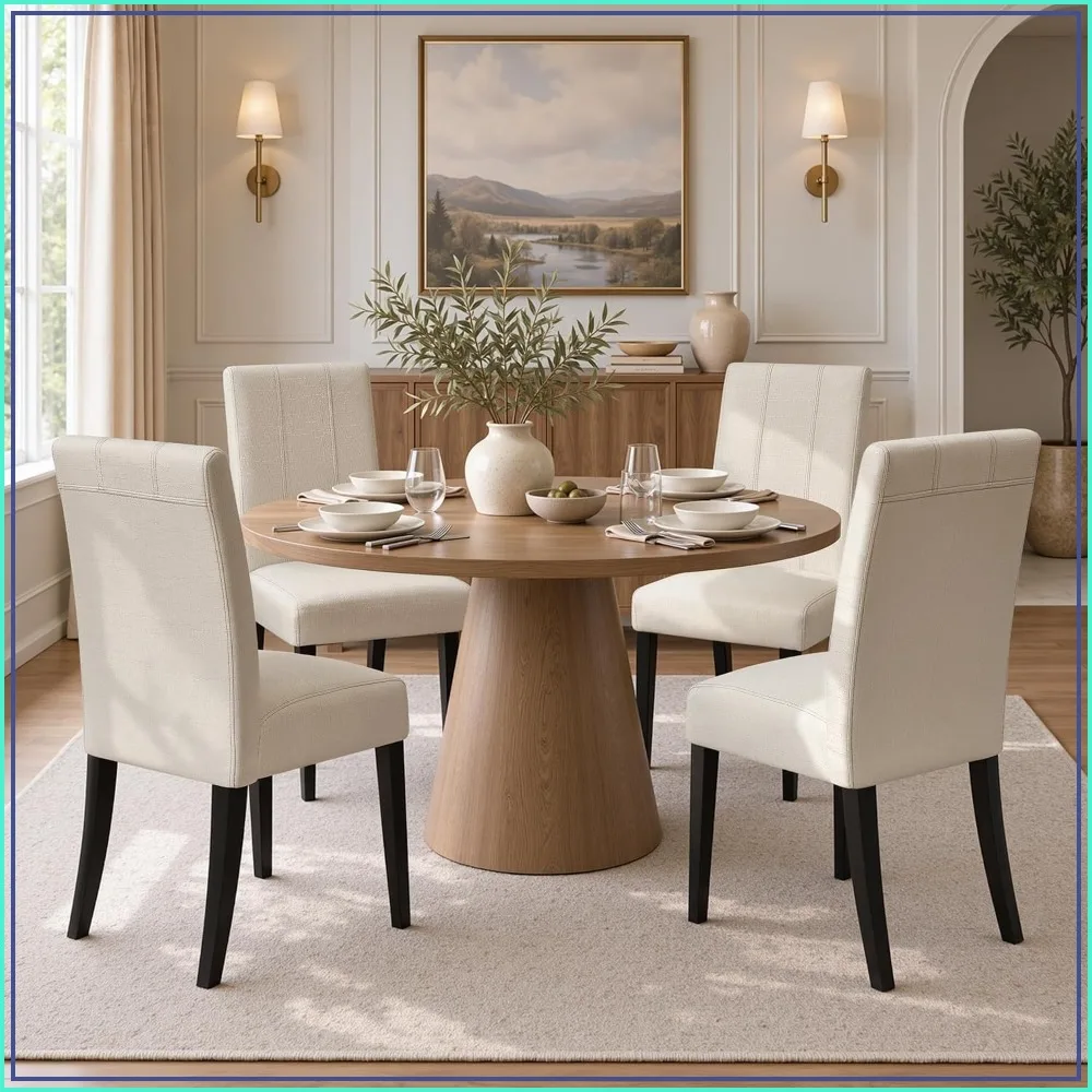 Dining Chairs Set of 4 Upholstered Padded Seat Solid Wood Legs Modern Kitchen Living Room Ivory