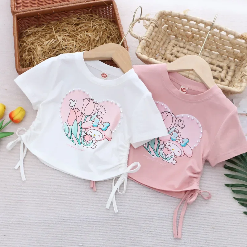 

Sanrio My Melody Girls Short-Sleeved T-Shirt 2024 Kawaii Anime Drawstring Beaded Clothes Cartoon Cute Printed Tops Girls Gifts