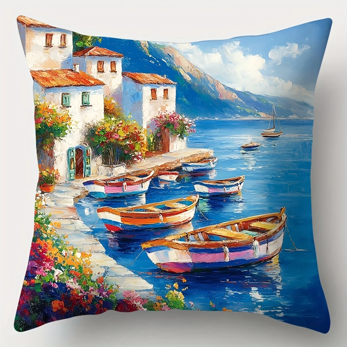 Mediterranean Village Coastal Scene Pillowcase Set 4 PCS 40x40cm Decorative Cushion Cover Home Decor