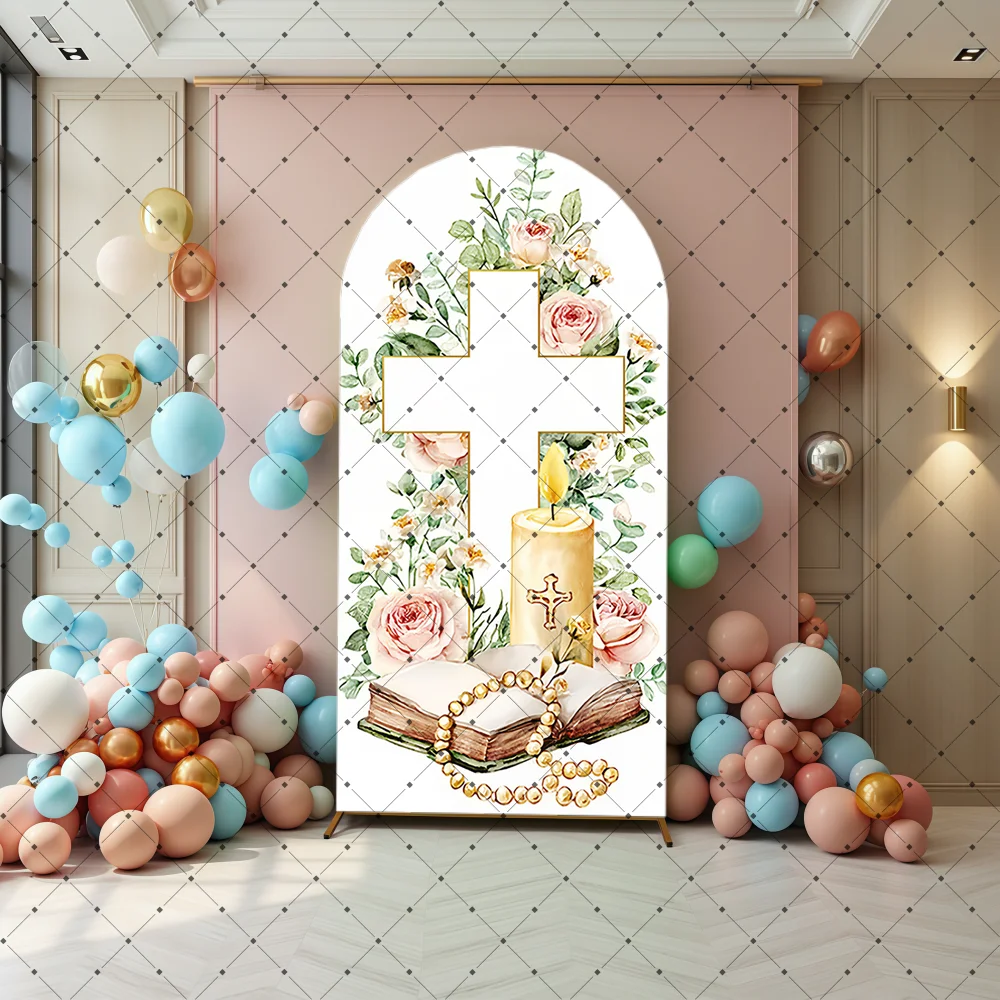 Green Leaves My Baptism Arch Backdrop Cover Floral Cross Boy or Girl First Holy Communion Party Decor God Bless Background