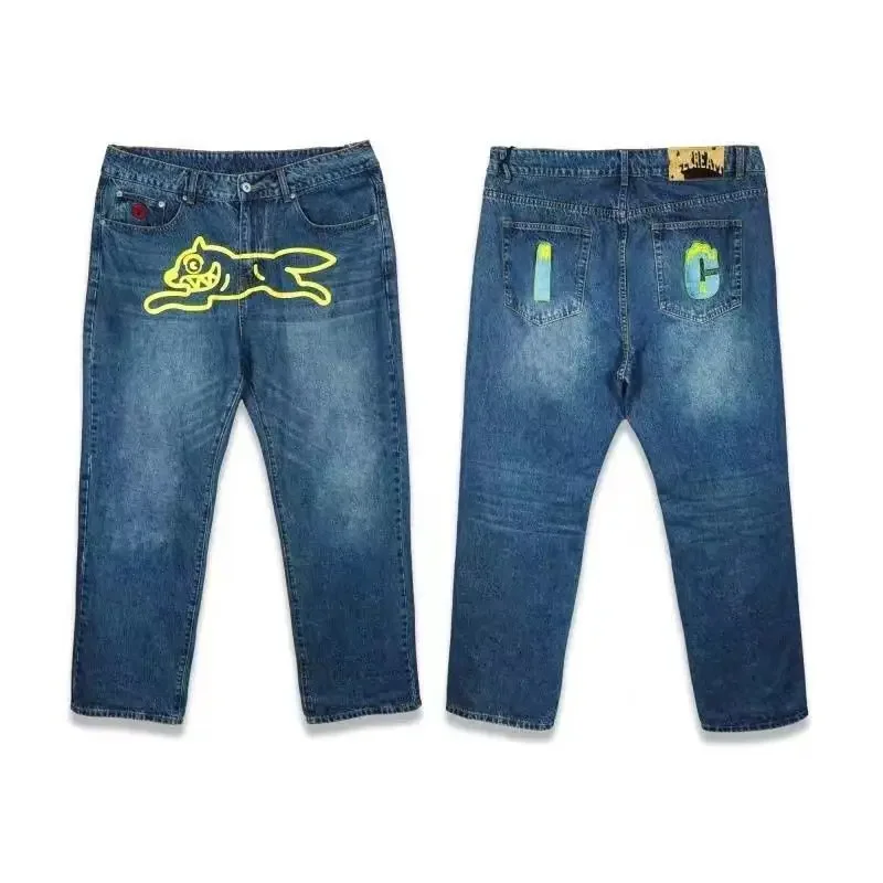 American retro high street flying dog loose version wide leg jeans trendy high street washed denim trousers skinny jeans men