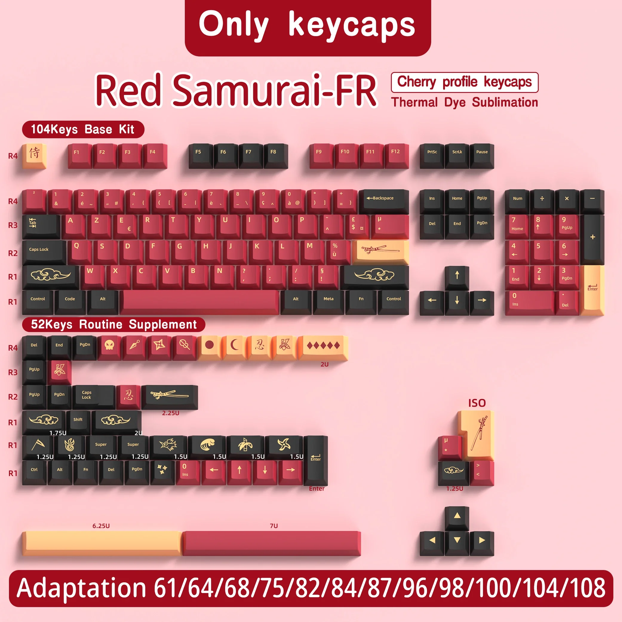 

French Keycap 136-156 Keys BPT Cherry Profile FR Keycaps For French keyboard MX Mechanical Keyboard 7U Space Keys Hi75