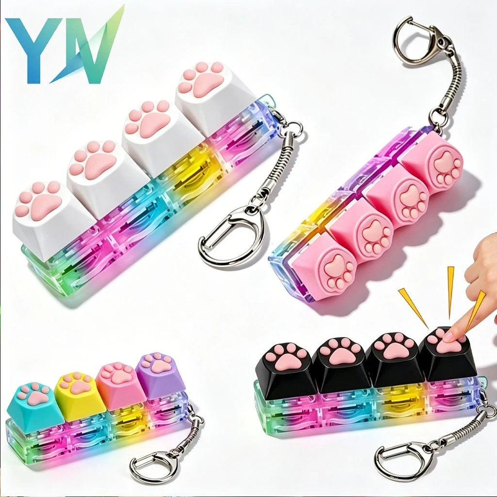 1-10PCS Silicone Cat Paw Switch Tester 4 Keys Mechanical Keyboard Light Up Fidget  Stress Relief Keychain Decompression Button