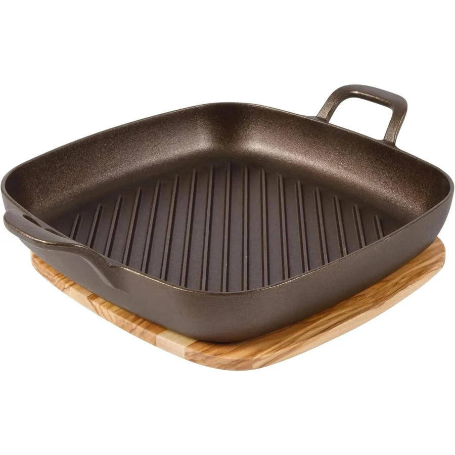 

Two Time Oprah's Favorite Things Winner - Natural Bronze Finish 12 Square Cast Iron Grill Pan with Olive Oil Treated Surface Du