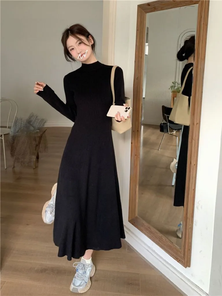 Feminino preto francês meados de bezerro a linha vestido de malha chique semi-gola alta emagrecimento manga longa quente em camadas outono inverno exclusivo