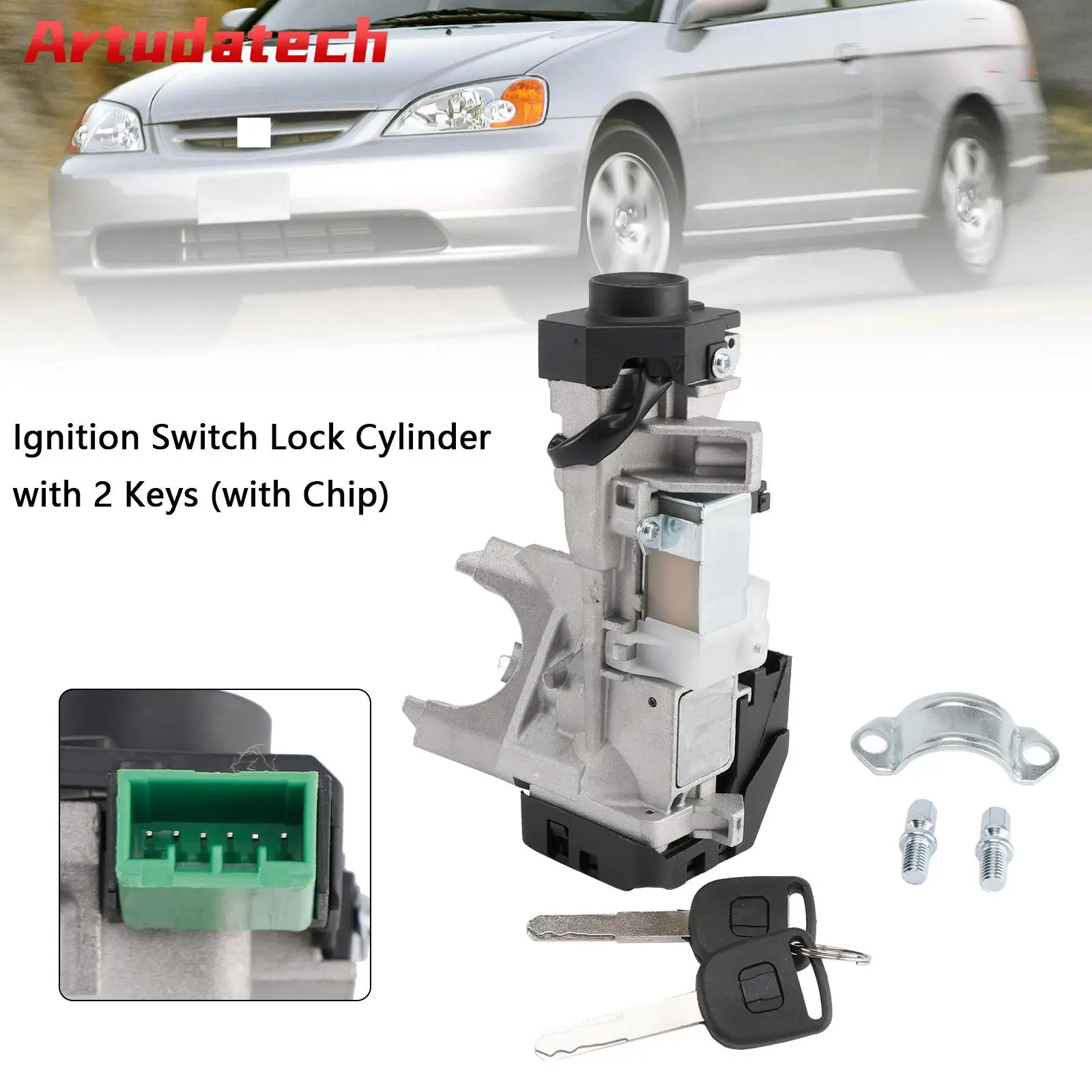 

Artudatech Ignition Switch Lock Cylinder with 2 Keys (with Chip) For Honda Civic 1.3L 1.7L