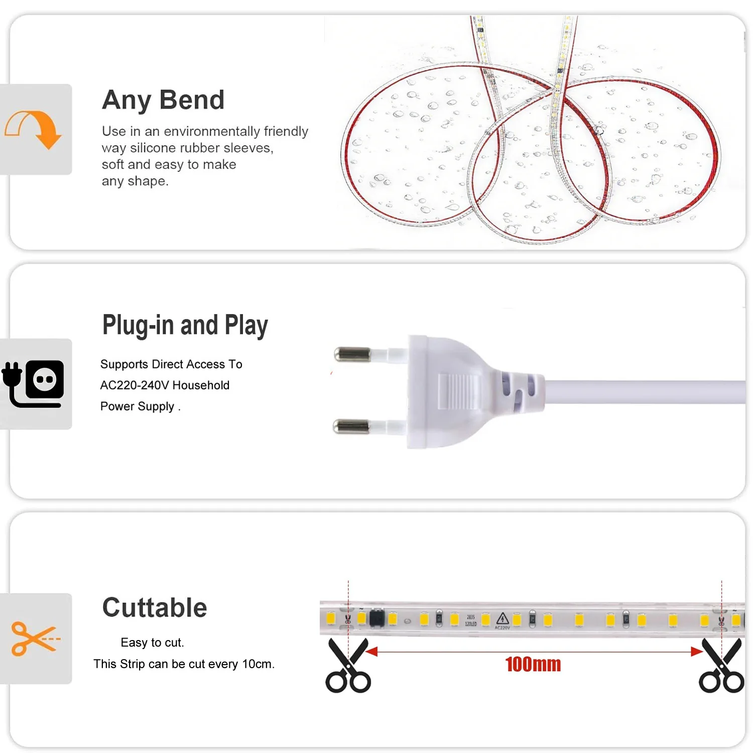 AC 220V Eu 플러그인 LED 스트립 조명, SMD 5050 60LEDS/M IP65 방수 정원 홈 거실 주방 유연한 로프 테이프 램프