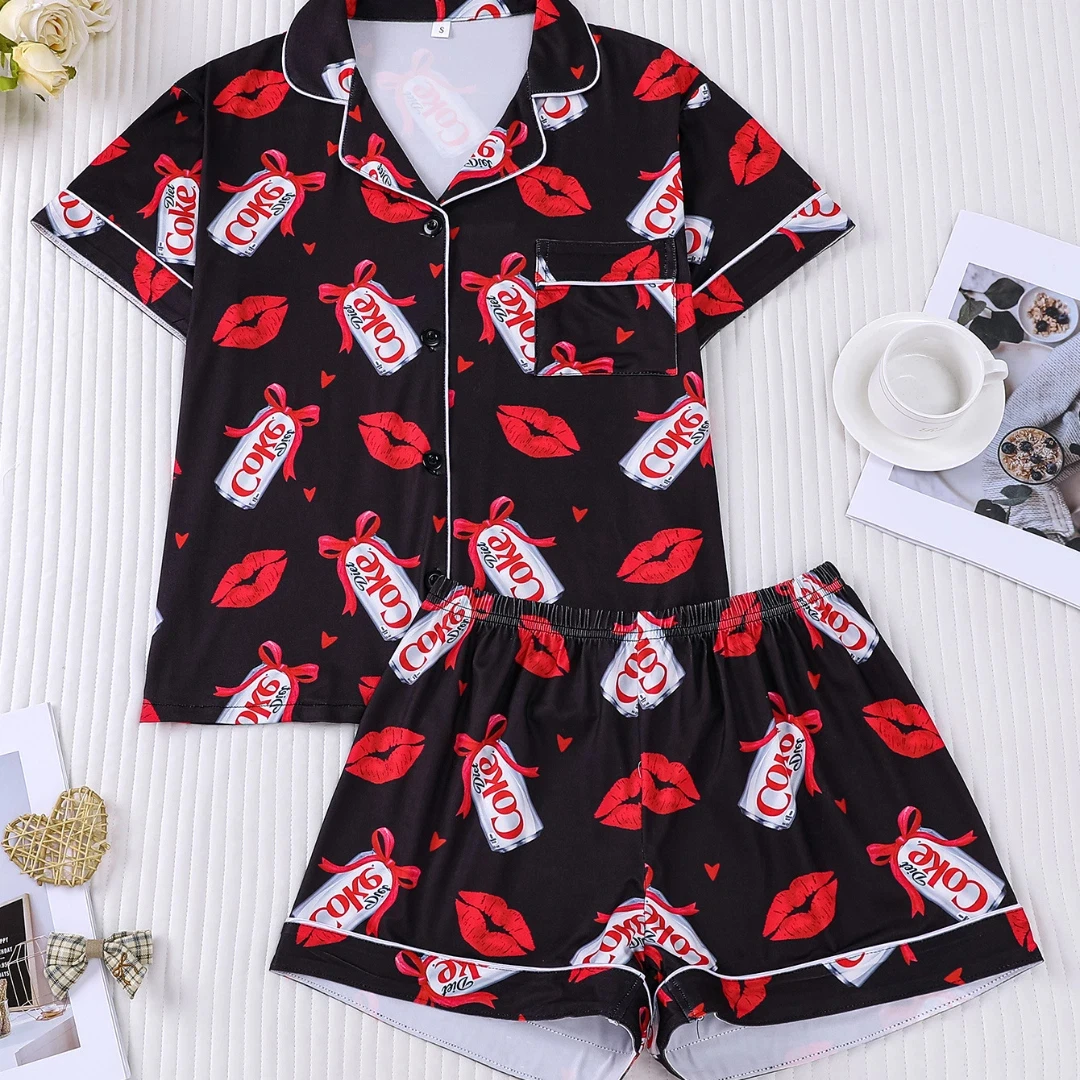 

Black Women Pajama Set Drink Themed with Cola Print Lapel Shorts-sleeved and Shorts Pants Home Wear Gifts