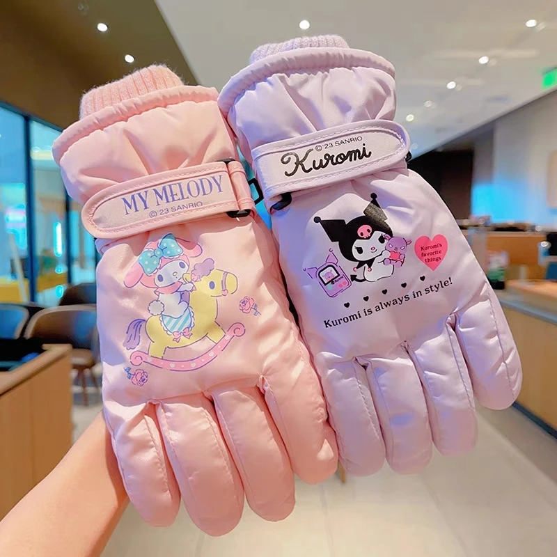 Luvas de esqui Sanrio Kuromi para meninas, luvas de algodão quente, inverno, fofo, cinnamonroll, luxuoso, resistente ao frio, jogando, neve