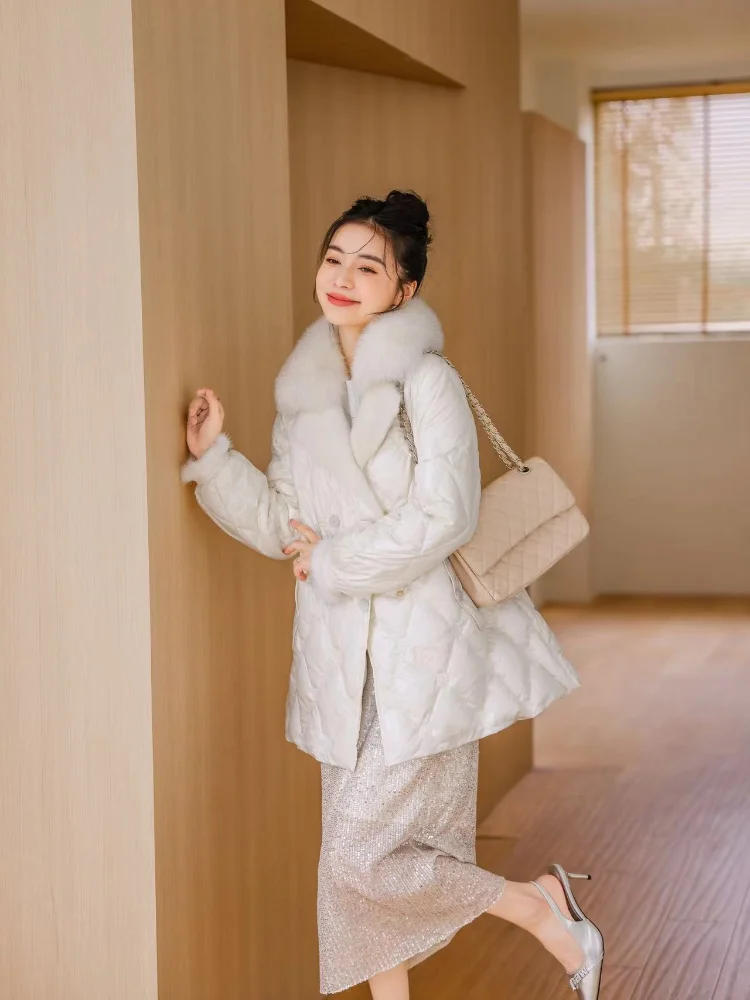 Women Winter Female Warm Parkas White Duck Down Long Puffer Jacket Fox Fur Collar Diamond Plaid Down Coat Slim Coat with Belt