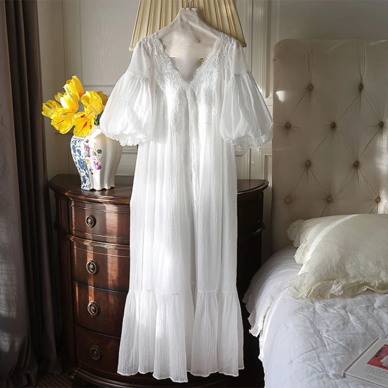 Victorian Cotton Night Dress Women Summer Fairy White Blue Sexy Lace Long Peignoir Princess Sleepwear Nightie Vintage Nightgown