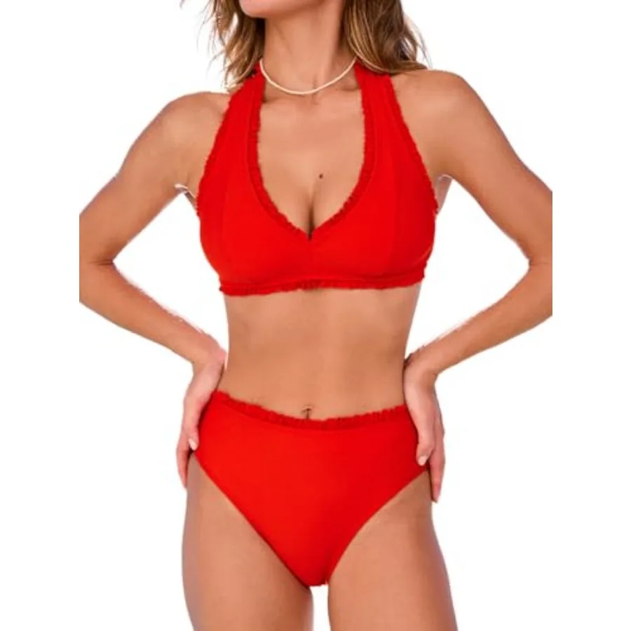 CUPSHE Women's Bikini Sets V Neck Two Pcs Ruffle Halter Back Hook Mid Rise Bathing Suit