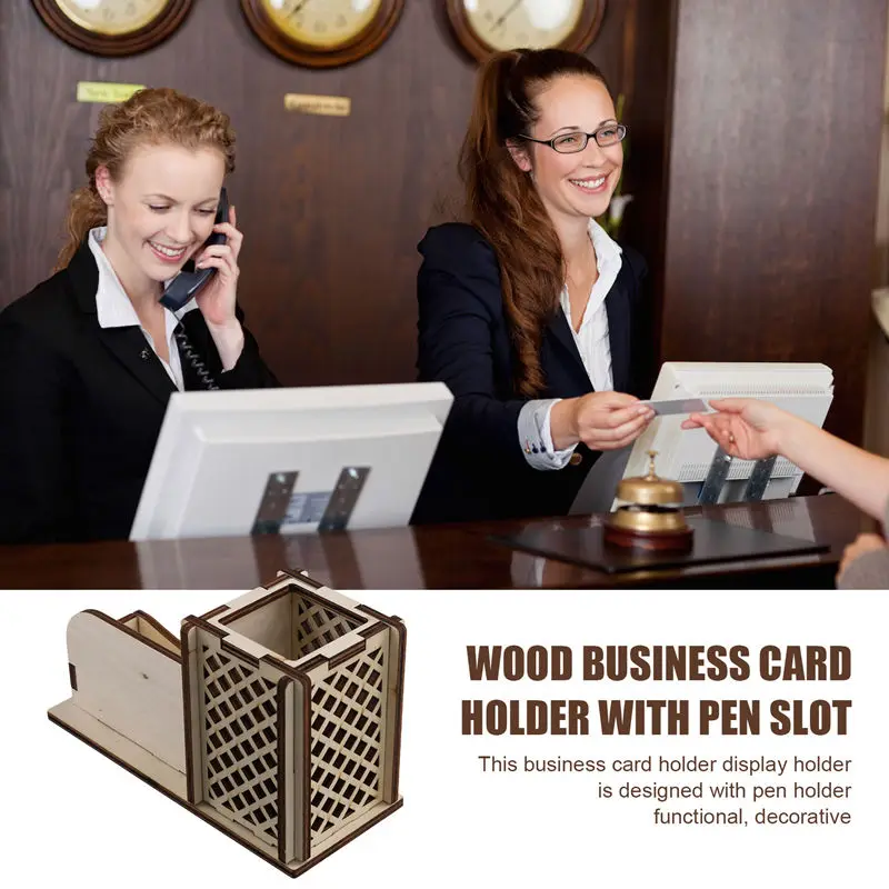 펜 슬롯이 있는 목재 명함 홀더 책상용 명함 스탠드 나무 디스플레이 사무실 탁상용