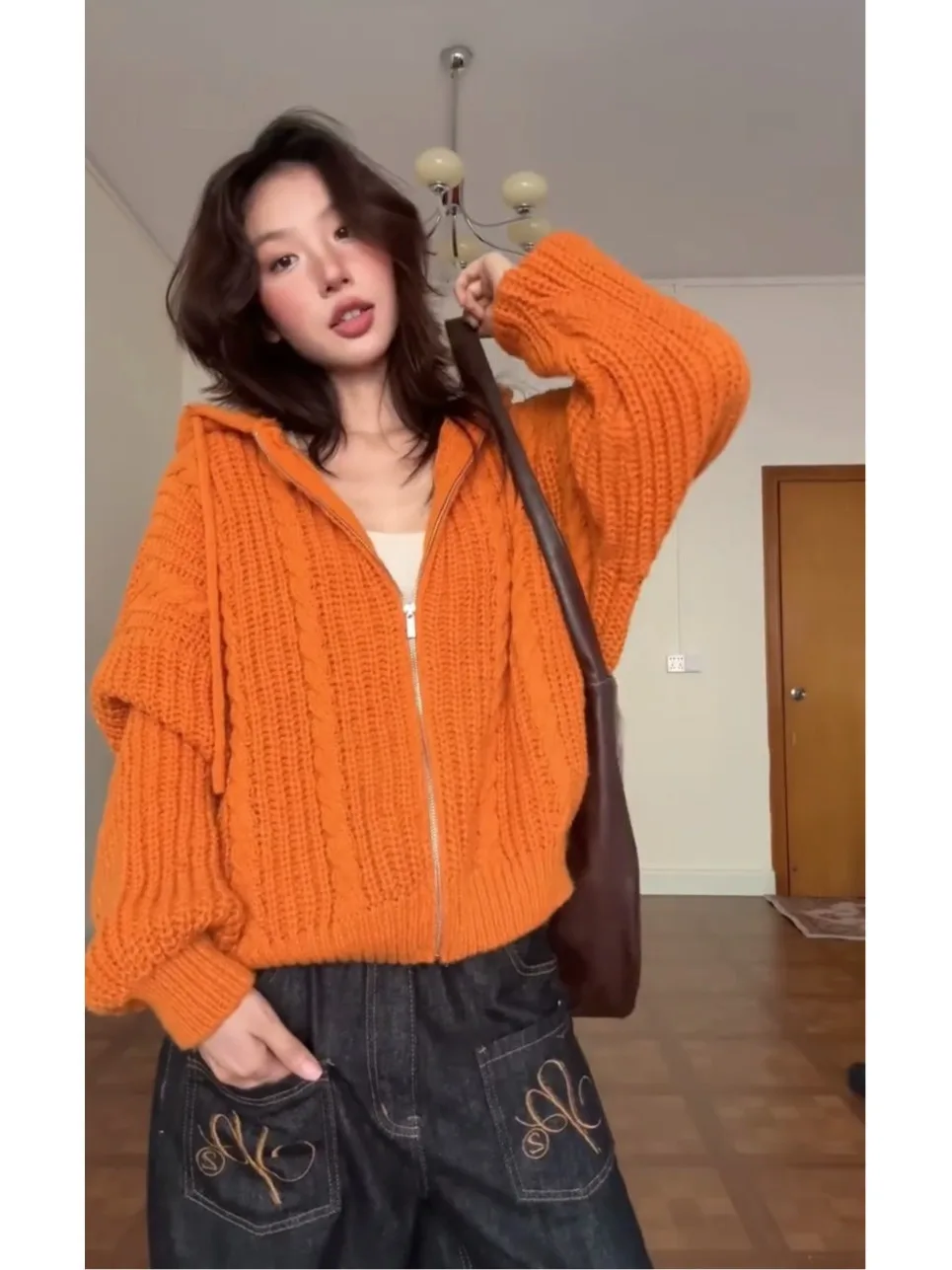 여성용 오버사이즈 니트 지퍼 후드 스웨터 코트 따뜻한 가을 겨울 캐주얼 탑 면 안감 단색 봄