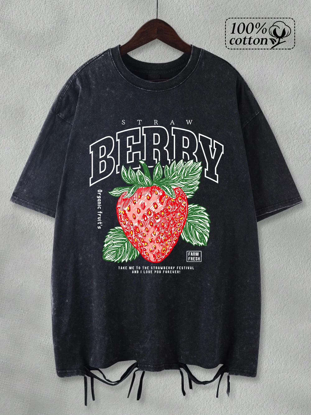 

100% Cotton Washed T-Shirt Women Oversized Strawberry Farm Fresh Printing Tops O-Neck Distressed Holes T Shirt Summer Clothes