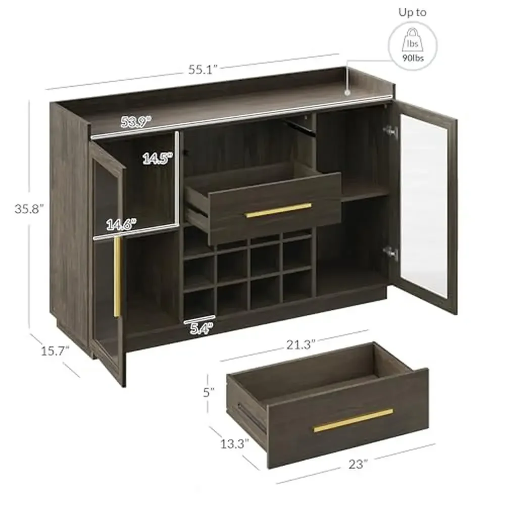 Vitrina para vino de 55 pulgadas con puerta de cristal y estantes ajustables, organizador de licores estilo granja, comedor y sala de estar