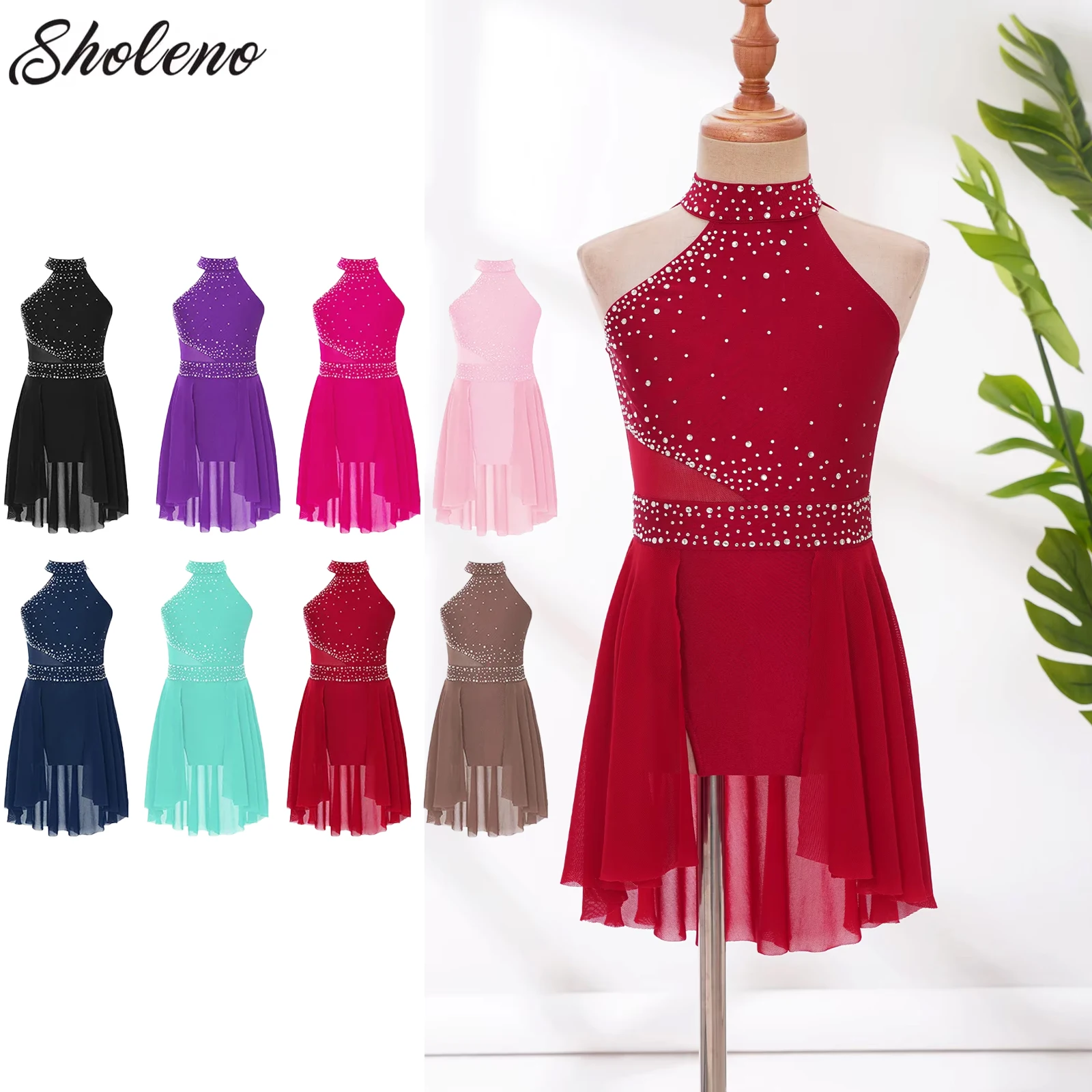 

Girls Modern Lyrical Dance Dress Rhinestones Irregular Hem Leotard Tutu Ballet Figure Skating Gymnastics Performance Dancewear