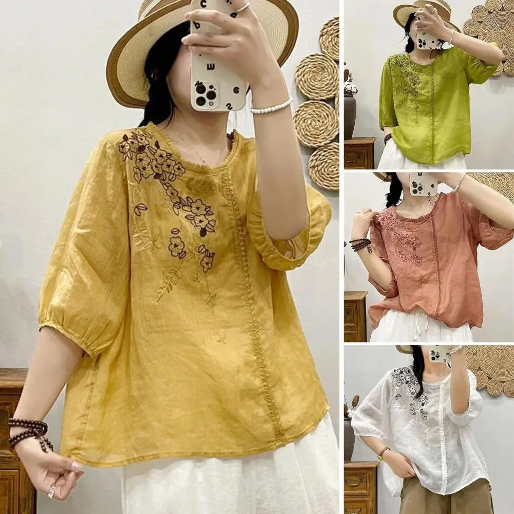 

Women T-shirt Embroidered Flower Pattern Women's Loose Fit Tee Shirt Collection Round Neck 3/4 Sleeve Vs Cotton Linen Soft