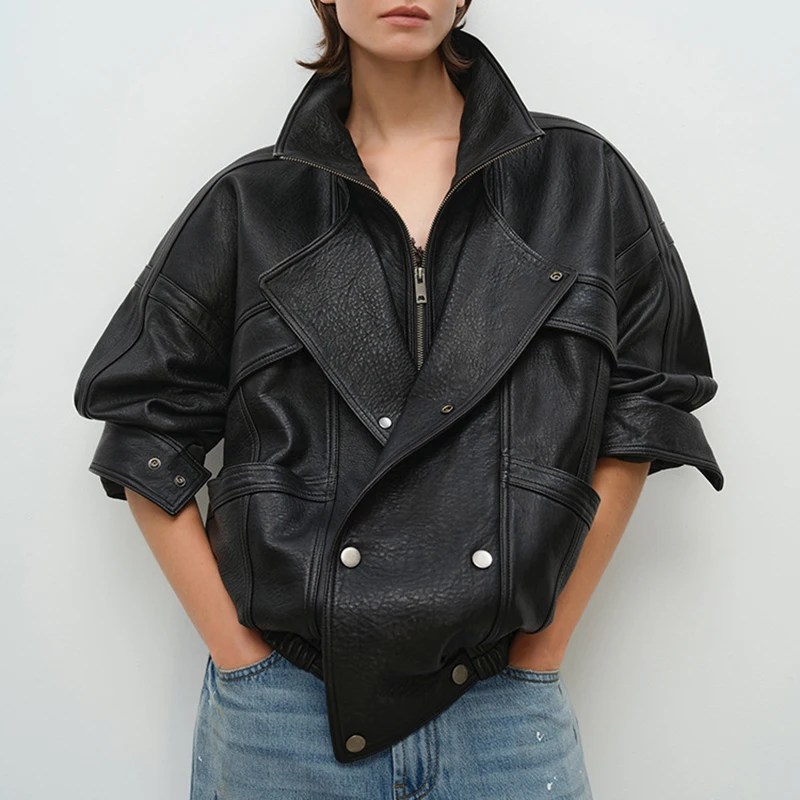 Manteau en peau de mouton marron pour femme, rétro, col Double couche, Double boutonnage, fermeture éclair, veste ample en cuir, vêtements d'extérieur d'hiver