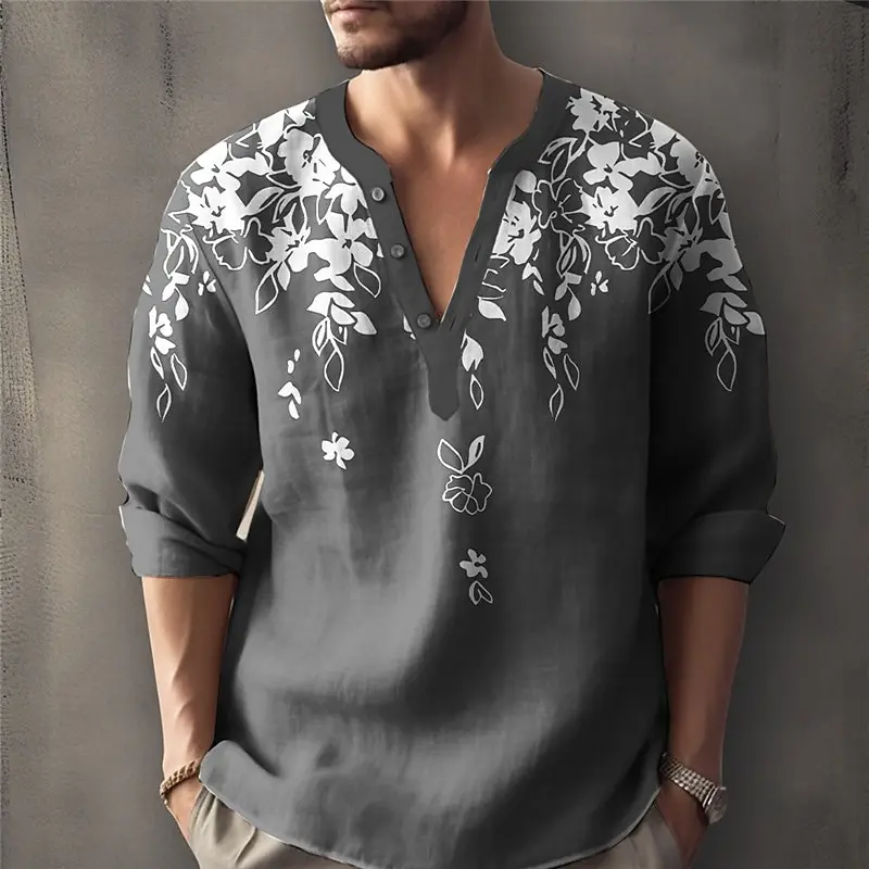 Autumn Flower 3D Print Henley Shirts Men\'s Fashion Floral Streetwear Oversized Button Long Sleeve T Shirt Tees Tops Man Clothing