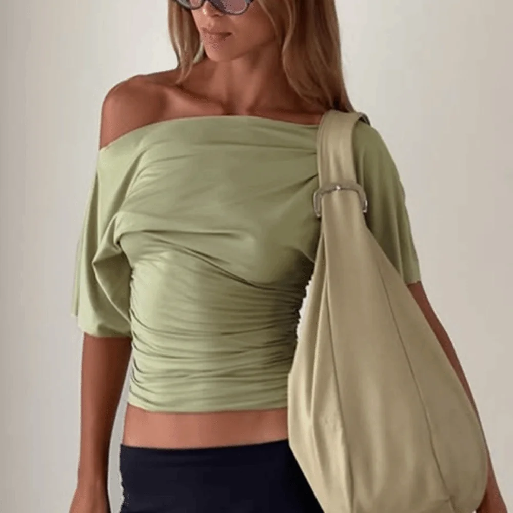 

Casual Elastic Slant Shoulder Top Ruched Crop Fashion Slim Fit Off Shoulder Top Solid Color Solid Pleated Holiday Beach Top